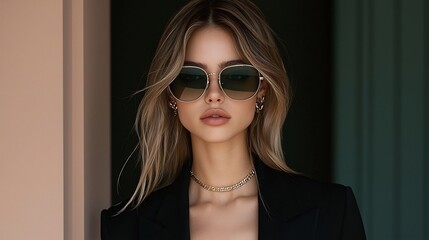 High fashion photoshoot showcasing monochrome outfits tailored suits oversized sunglasses statement jewelry sleek minimalistic set design runway lighting enhance elegance and timelessness of the scene