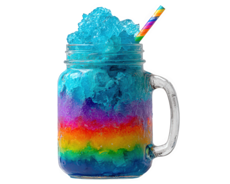 Vibrant, colorful slushie in clear mason jar, featuring layers of blue, purple, and rainbow hues, topped with crushed ice and striped straw, evokes refreshing and fun atmosphere