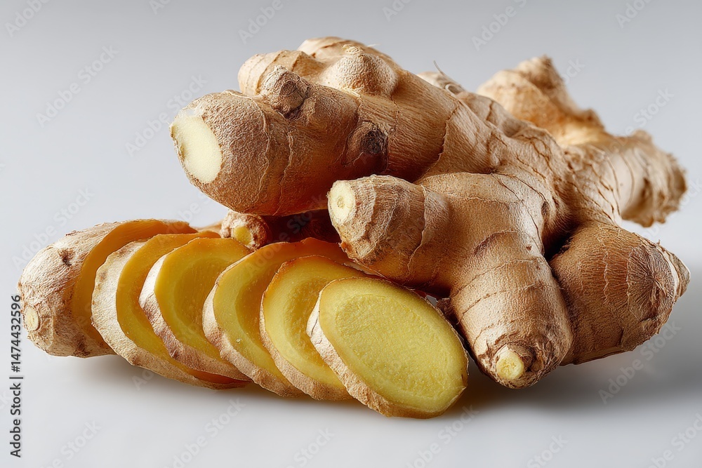 Poster Fresh ginger root displayed with sliced pieces on a clean surface showcasing its texture and color during daylight