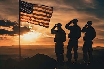 American Soldier in Uniform Standing by U.S. Flag at Sunset for Memorial Day Tribute