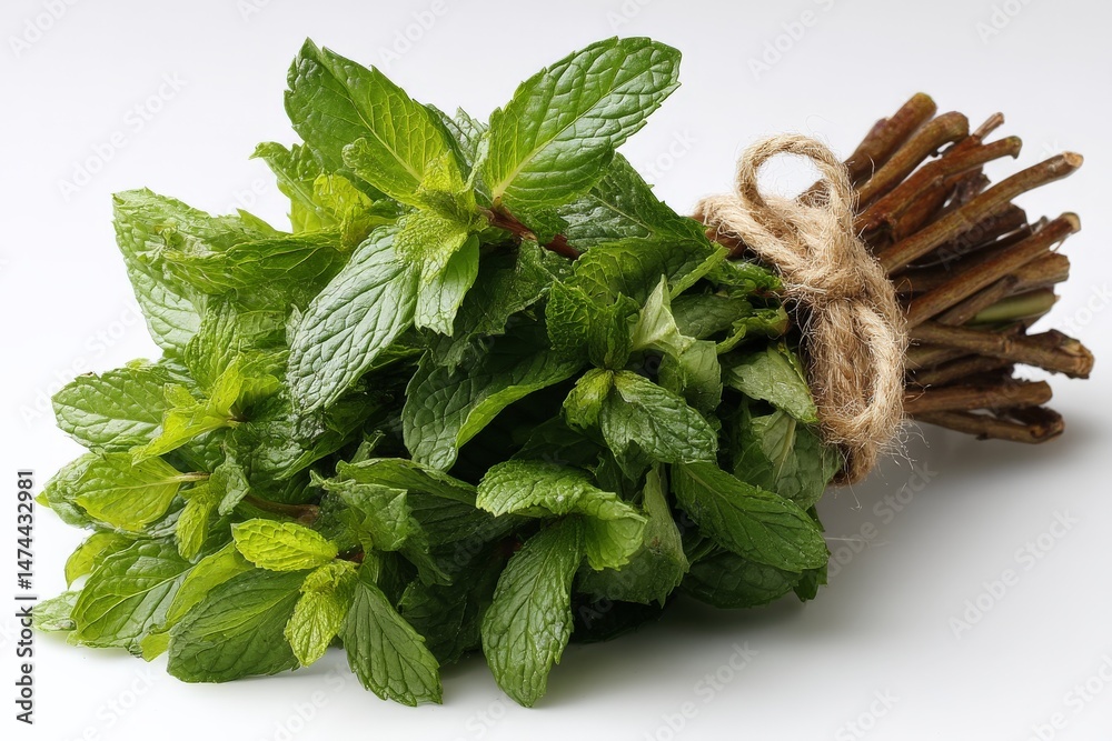 Poster Fresh mint bunch displayed on a white surface with rustic twine binding the stems tightly together