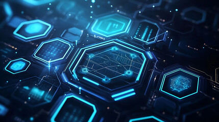 Gradient hexagonal design in electric blue and black, with futuristic tech highlights simulating a digital control interface