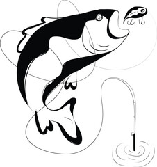 Fish logo icon vector illustration design with fish rod and hook