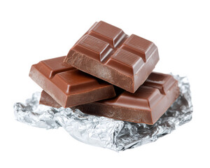 Fototapeta premium Delicious chocolate bars stacked on crinkled foil, showcasing rich, smooth texture and glossy finish, perfect for indulgence or gifting