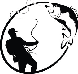 Fisherman fishing with reel and hook logo icon vector illustration design