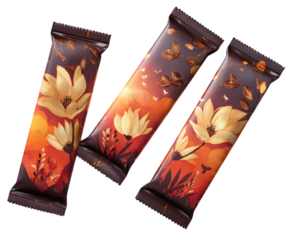 Vibrant energy bar packaging featuring floral designs and butterflies, showcasing blend of warm colors. This mockup captures essence of creativity and nature beauty