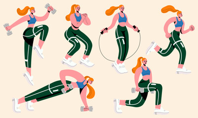 Modern vector illustration. Red-haired white girl doing physical training. Workout, dumbbells, skipping rope.