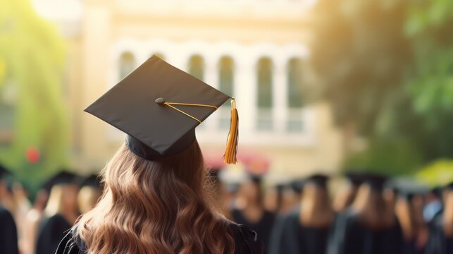 A young woman in a graduation gown standing in front of a university building, wearing a mortarboard cap and holding a diploma.