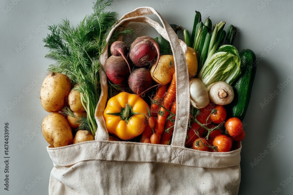 Poster freshly harvested vegetables in a reusable bag filled with a variety of colorful produce on a simple