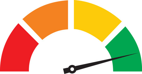 colorful performance rating gauge with needle pointing to green zone indicating maximum or optimal level