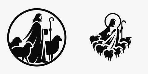 The Jesus Shepherding Sheep. Christian Clipart silhouette Vector Logo Symbol isolated on white background. savior guiding flock a divine paragon of care pastoral devotion theme.