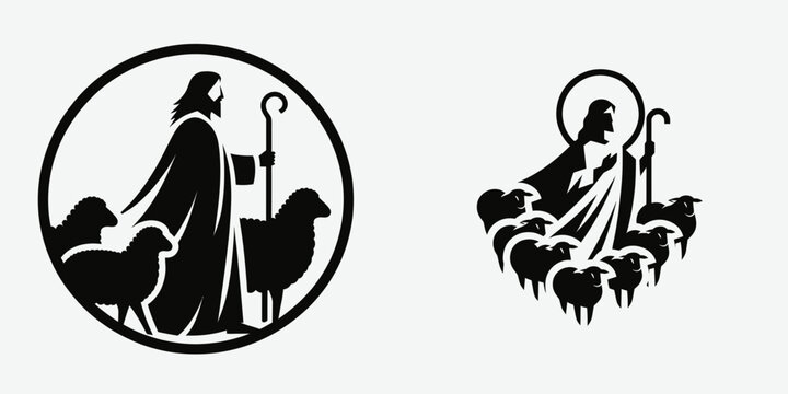 The Jesus Shepherding Sheep. Christian Clipart silhouette Vector Logo Symbol isolated on white background. savior guiding flock a divine paragon of care pastoral devotion theme.