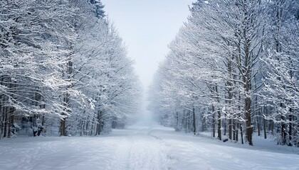 winter wonderland a serene path through a forest of snow covered white trees on a foggy day