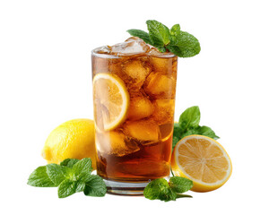 Fototapeta premium Refreshing iced tea with lemon slices and mint, served in tall glass filled with ice. vibrant colors of lemon and mint enhance drink appeal, making it perfect for hot day