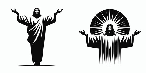 The Jesus Opening Arms. Christian Clipart silhouette Vector Logo Symbol isolated on white background. savior extends affection an invitation of welcome divine mercy and grace.