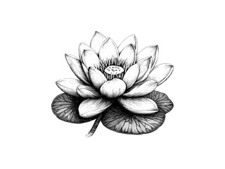 Fototapeta premium Hand-drawn engraving of water lily flower, antique floral illustration, vintage botanical sketch, rustic aquatic bloom print, black sketch, old engraving style, trendy engraved decor motif, nature art