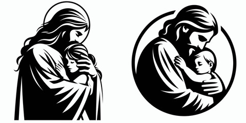 Obraz premium The Jesus Hugging a Child. Christian Clipart silhouette Vector Logo Symbol isolated on white background. Deitys embrace divine affection innocent offspring holy love childhood.