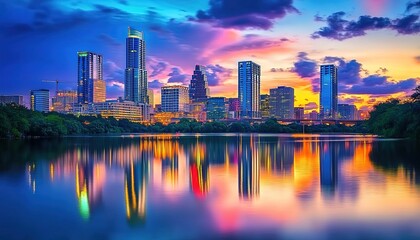 Fototapeta premium Panoramic sunset city skyline with skyscrapers reflecting on calm water and vibrant clouds.