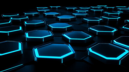Modern dark mode tech interface featuring glowing neon blue hexagons arranged in a gradient mesh pattern over a matte black background