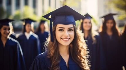 A young woman in a graduation gown standing in front of a group of graduates in caps and gowns, all facing the camera with smiles on their faces.