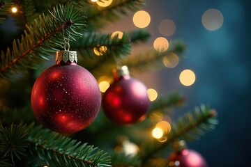 Sparkling Christmas tree ornaments hanging on a decorated tree branch , luxury, branch