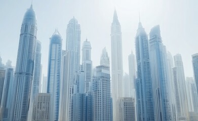 Misty Skyline Modern Cityscape with Towering Skyscrapers in Pale Blue Hues