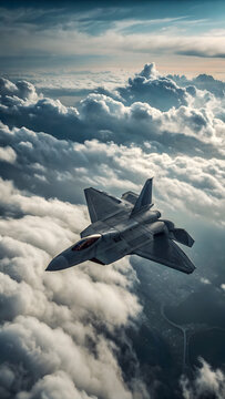 stealth fighter jet soaring above the clouds at high altitude