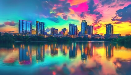 Fototapeta premium Panoramic sunset city skyline with skyscrapers reflecting on calm water and vibrant clouds.