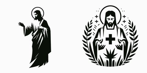 Fototapeta premium The Jesus Healing. Christian Clipart silhouette Vector Logo Symbol isolated on white background. Divine remedy through christ faith wholeness spiritual wellness recovery.