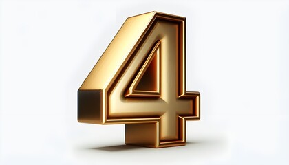 a bold, three-dimensional decorative number "4" in a luxurious, metallic gold finish isolated on the white background, The 3D decorative letter, has a smooth, gold finish