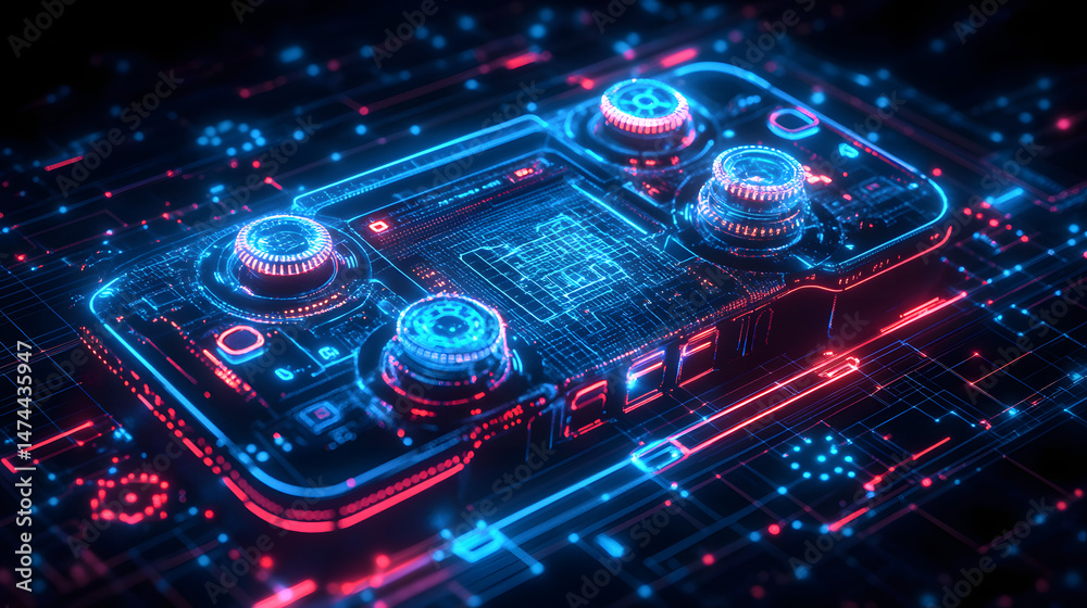 Poster Futuristic handheld console with glowing blue circuitry and red accents. Knobs add tactile appeal. Glowing network background enhances the technological feel. Abstract wireframe in dark blue