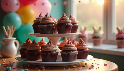 Delicious chocolate cupcakes on a stand with festive decorations  