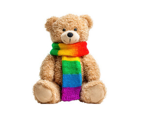 Cuddly bear doll wearing colorful scarf, sitting upright with friendly expression. This adorable plush toy is perfect for gifts and adds cheerful touch to any space