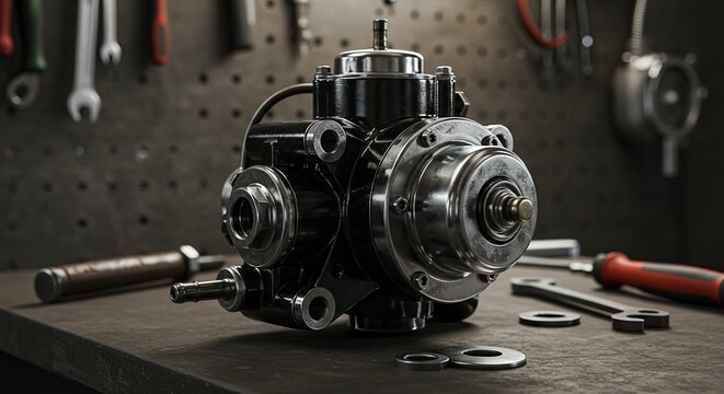 A black engine is sitting on a table with tools and parts around it