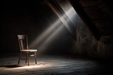 Dusty Attic Chair Under a Single Ray of Light Creates an Eerie Ambiance for Halloween