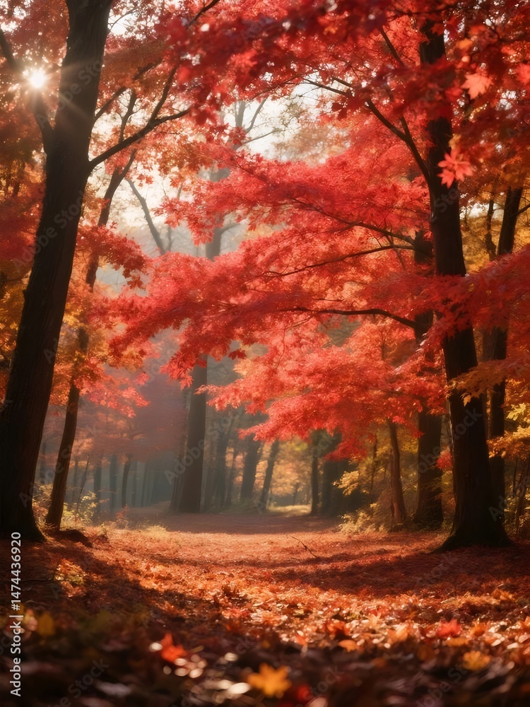 Aufkleber 秋の森の鮮やかな紅葉 太陽光が差し込む美しい森林風景 赤とオレンジの葉が地面を覆う 秋の日の光景
