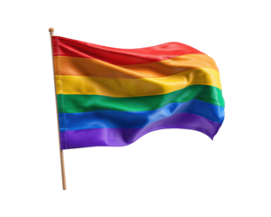 Vibrant rainbow flag symbolizing diversity and inclusion, waving gracefully against transparent background. This flag represents LGBTQ+ community and promotes love and acceptance