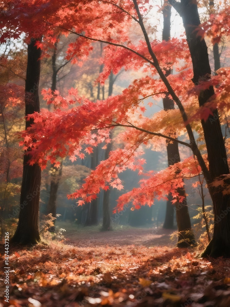 Aufkleber 紅葉の森 深い緑の木々と赤い葉の美しいコントラスト 秋の日の光が差し込む日本の森林風景