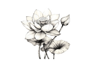 Obraz premium Antique lotus flower engraving, botanical wall decor, vintage black ink drawing, hand-drawn floral art, nature sketch, trendy illustration, old style print, lotus bloom, floral design.