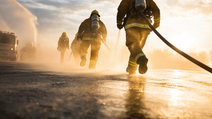 Firefighters running with hoses on wet road during golden hour, emergency scene