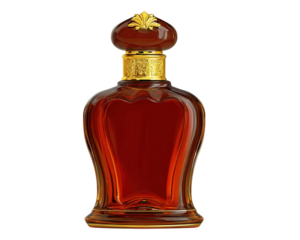 Sophisticated perfume bottle mockup with elegant curves, showcasing rich amber liquid and ornate golden accents. This luxurious design evokes sense of opulence and allure