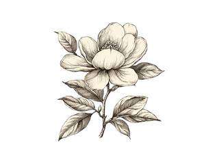 Magnolia flower sketch, retro botanical artwork, vintage engraving, hand-drawn magnolia, antique floral print, trendy wall decor, black sketch, magnolia bloom, old-style flower drawing.