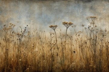 Obraz premium Tall dry wildflowers stand against a textured, muted sky, creating a rustic and serene natural landscape.