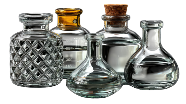 A Collection of Glass Bottles: A collection of unique glass bottles showcasing various shapes and designs. The bottles are partially filled with a clear liquid, set against a clean, simple backdrop.