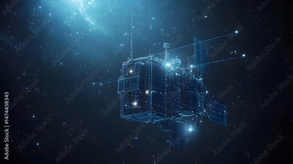 Poster futuristic satellite in deep space, a wireframe marvel against a nebula backdrop. detailed design wi