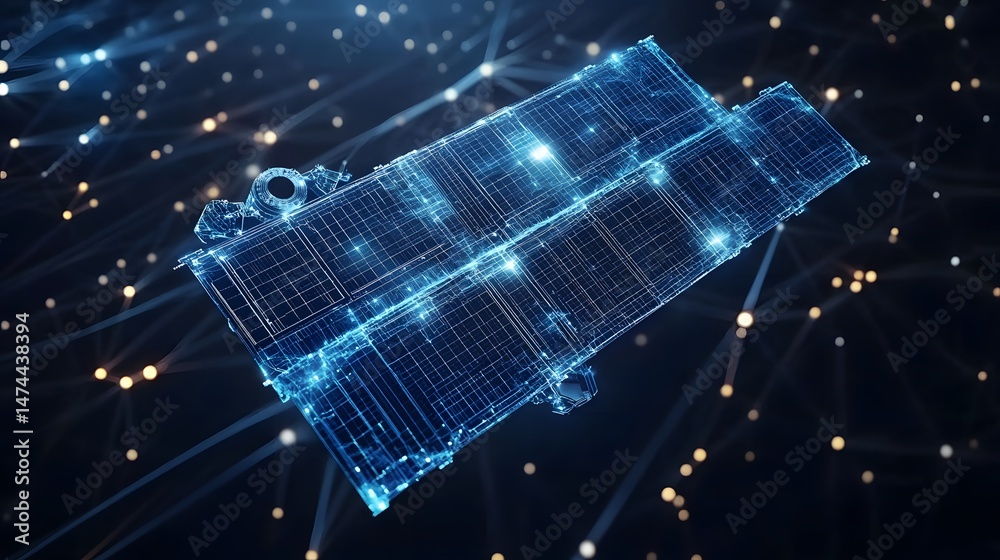 Poster futuristic satellite illustration with glowing network. abstract wireframe in dark blue symbolizes s
