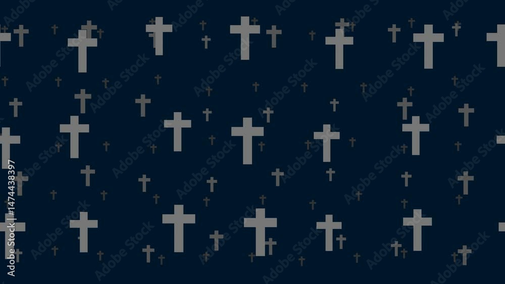 Poster cross symbols float horizontally from left to right. parallax fly effect. floating symbols are locat