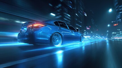 A stunning image of modern shiny blue car on street night city, back side view. car racing on track, leaving neon trail of lights from back.