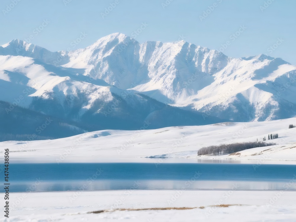 Poster 晴れた日に雪と氷に覆われた山と湖の風景、冬の自然の背景、静かな水面と白い雪山の景色