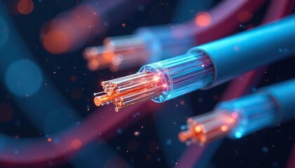 Close-up view of strands of optical fiber cable, showing their intricate structure and reflective surface ,  bandwidth,  cloud computing,  data center